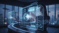 Futuristic Digital Interface with Holographic Data and User Interaction Royalty Free Stock Photo